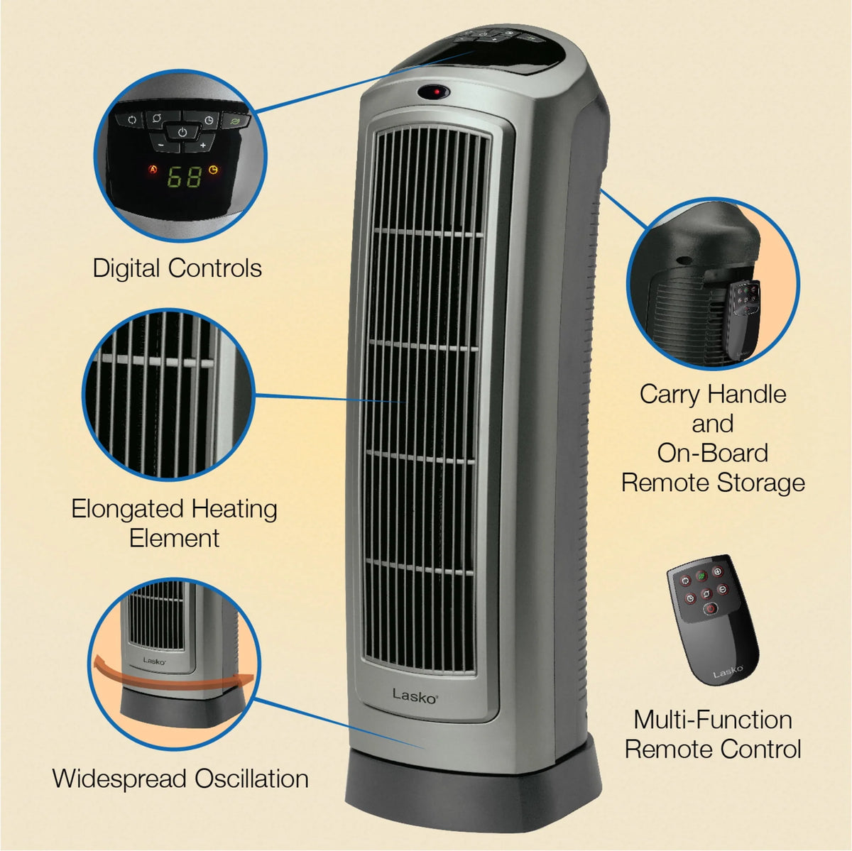 1500W Oscillating Ceramic Electric Tower Space Heater with Remote, Gray X750