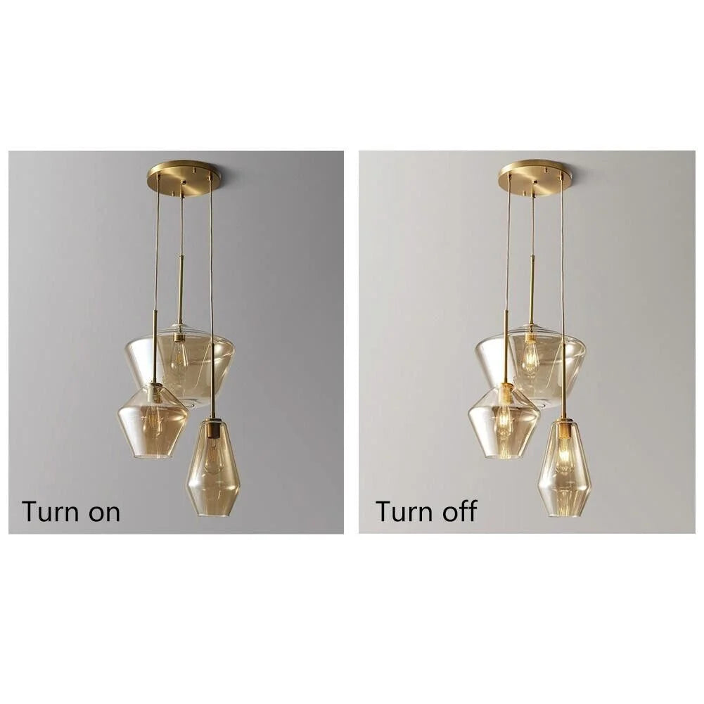 Vintage Glass 3 Light Pendant Lamp Adjustable Height Gold Finish Q4057