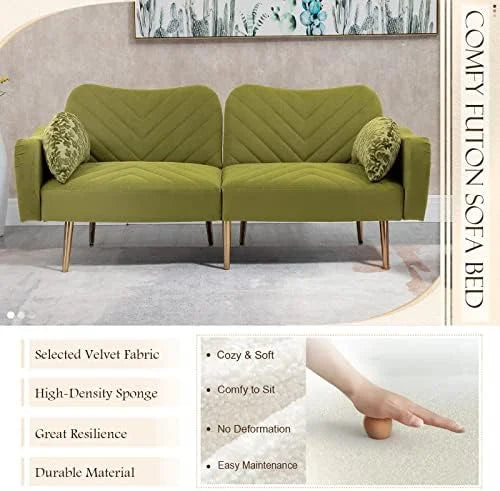 Modern Velvet Futon Sofa Bed Convertible Loveseat with 2 Pillows Z86323