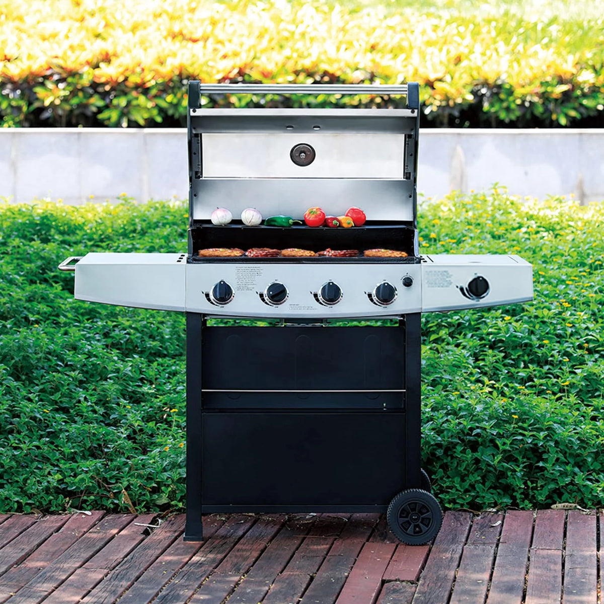 4-Burner Propane Gas Grill with Side Burner, Stainless Steel 60,000 BTU, Black F468943