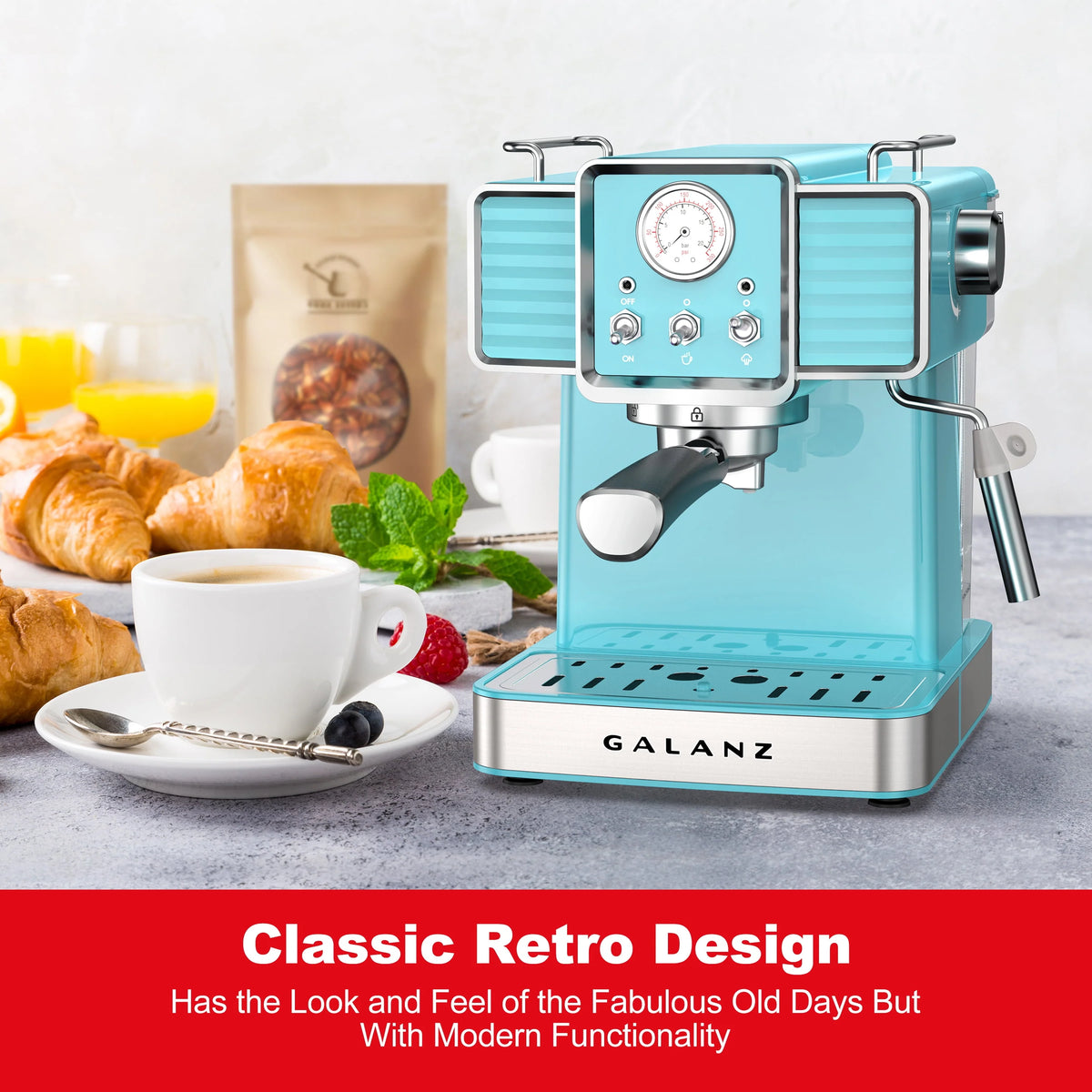 Espresso Machine with Milk Frother, 15 Bar Pump, 1.5L Removable Water Tank, Retro Red, 1350 W G104588