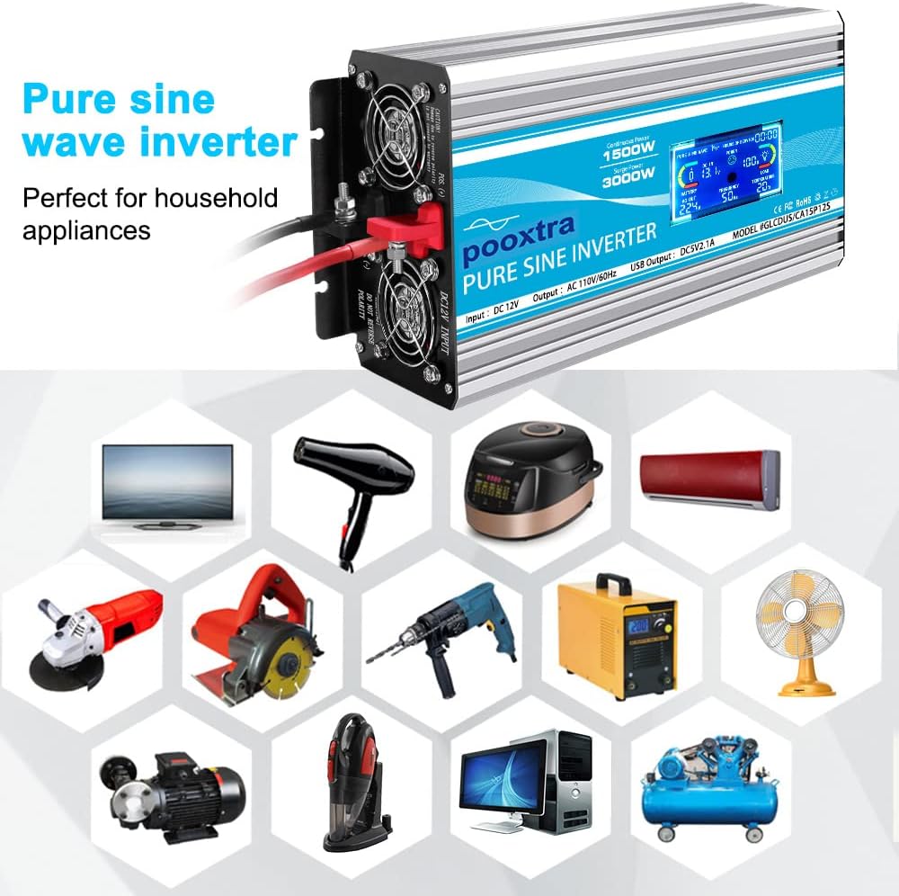 1500 Watt Pure Sine Wave Inverter 12V DC to 110V/120V AC H933298