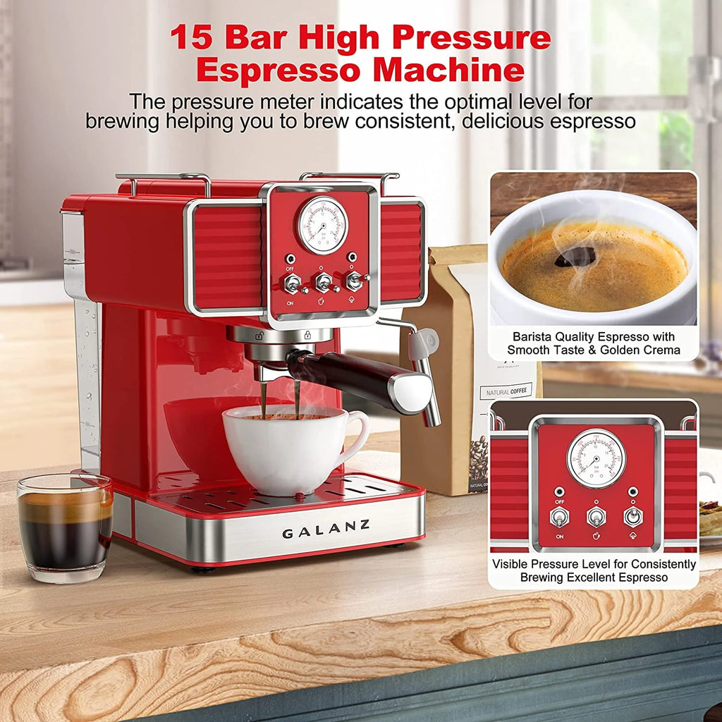 Espresso Machine with Milk Frother, 15 Bar Pump, 1.5L Removable Water Tank, Retro Red, 1350 W G104588