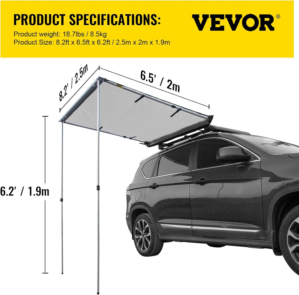 Car Side Awning, 8.2'x6.5', Pull-Out Retractable Waterproof UV50+ with Carry Bag, Grey W6130