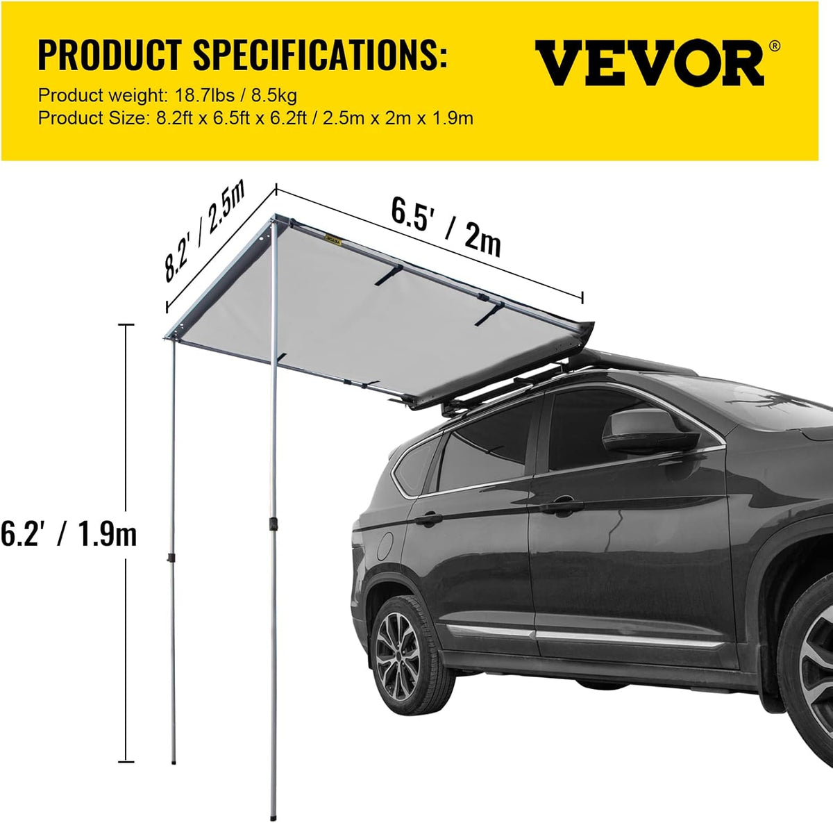 Car Side Awning, 8.2'x6.5', Pull-Out Retractable Waterproof UV50+ with Carry Bag, Grey W6130
