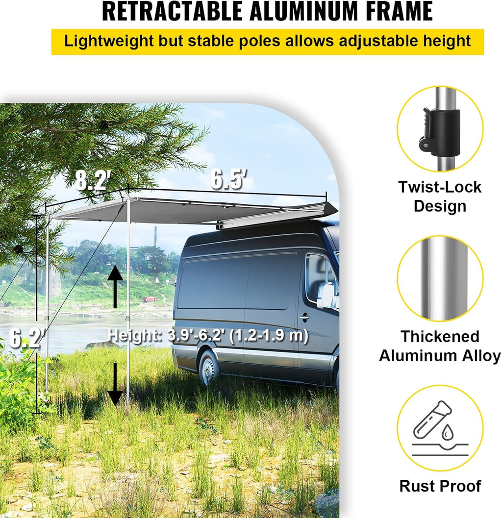 Car Side Awning, 8.2'x6.5', Pull-Out Retractable Waterproof UV50+ with Carry Bag, Grey W6130