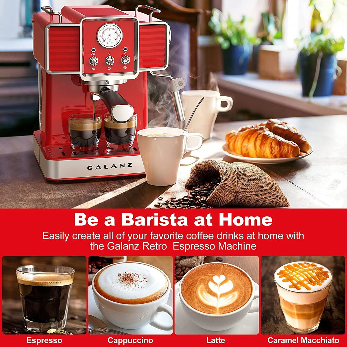 Espresso Machine with Milk Frother, 15 Bar Pump, 1.5L Removable Water Tank, Retro Red, 1350 W G104588