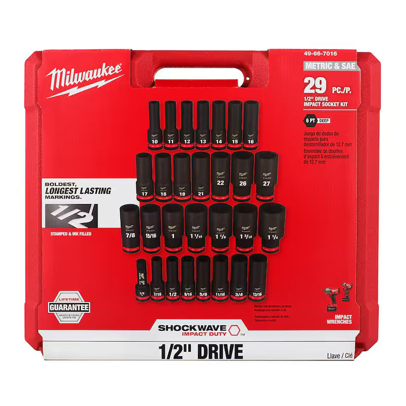1/2 in. Drive SAE and Metric 6 Point Impact Socket Set (29-Piece) Q3141