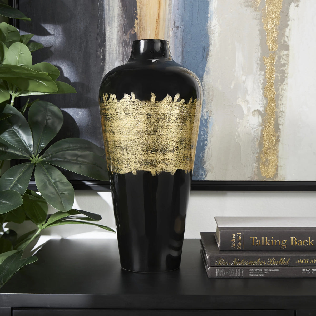 16" Abstract Black Metal Vase with Gold Detailing P417