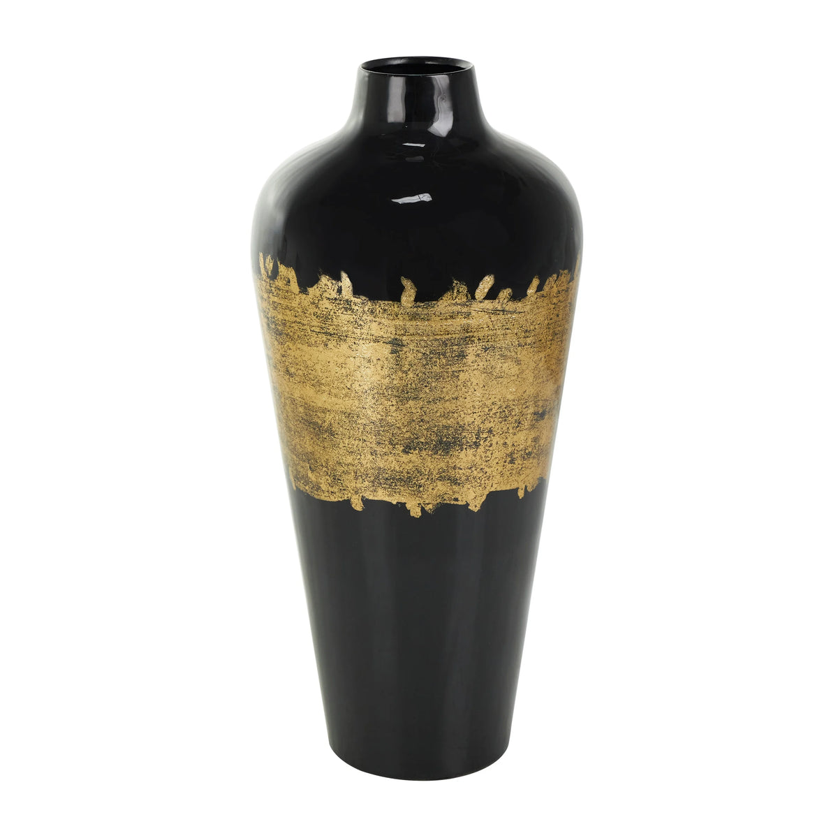 16" Abstract Black Metal Vase with Gold Detailing P417