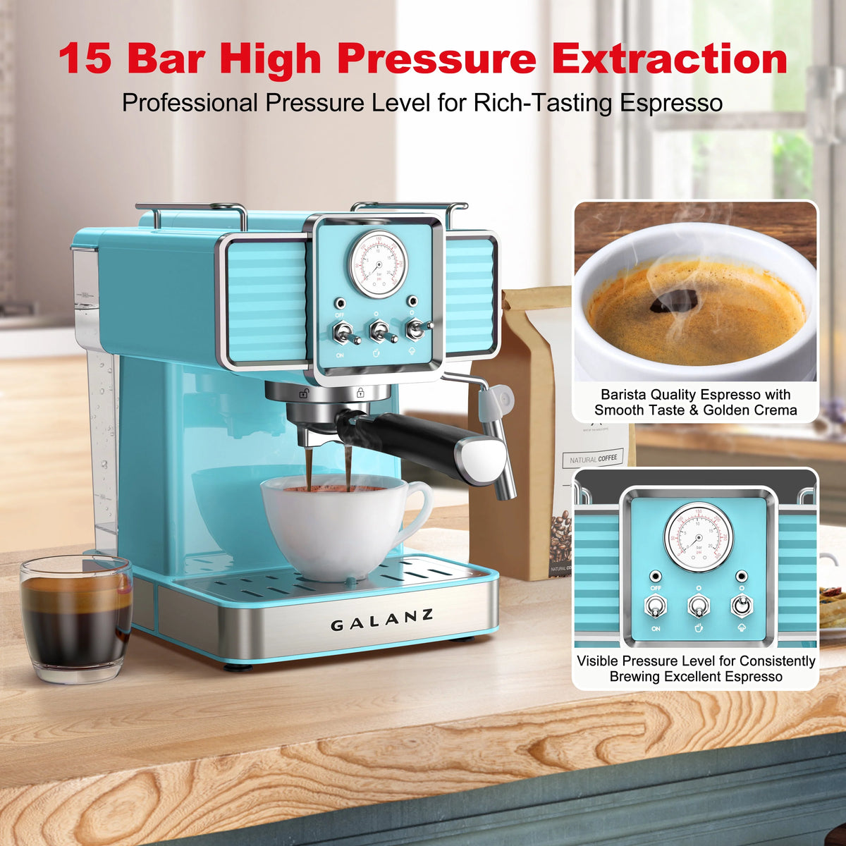 Espresso Machine with Milk Frother, 15 Bar Pump, 1.5L Removable Water Tank, Retro Red, 1350 W G104588