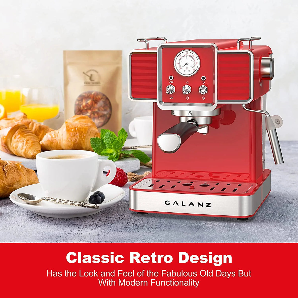 Espresso Machine with Milk Frother, 15 Bar Pump, 1.5L Removable Water Tank, Retro Red, 1350 W G104588