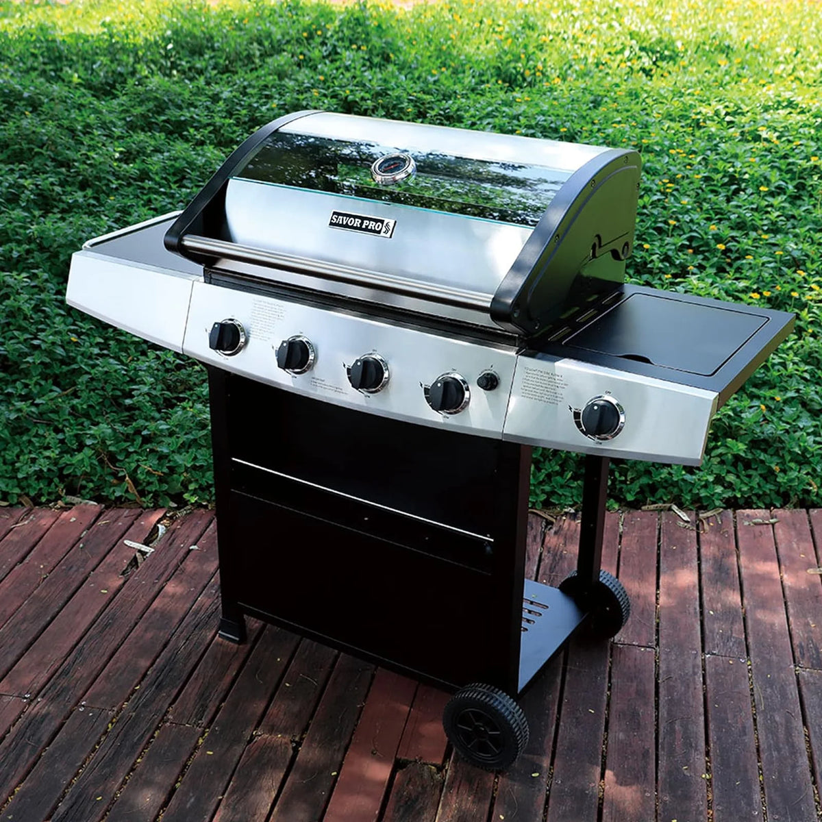 4-Burner Propane Gas Grill with Side Burner, Stainless Steel 60,000 BTU, Black F468943